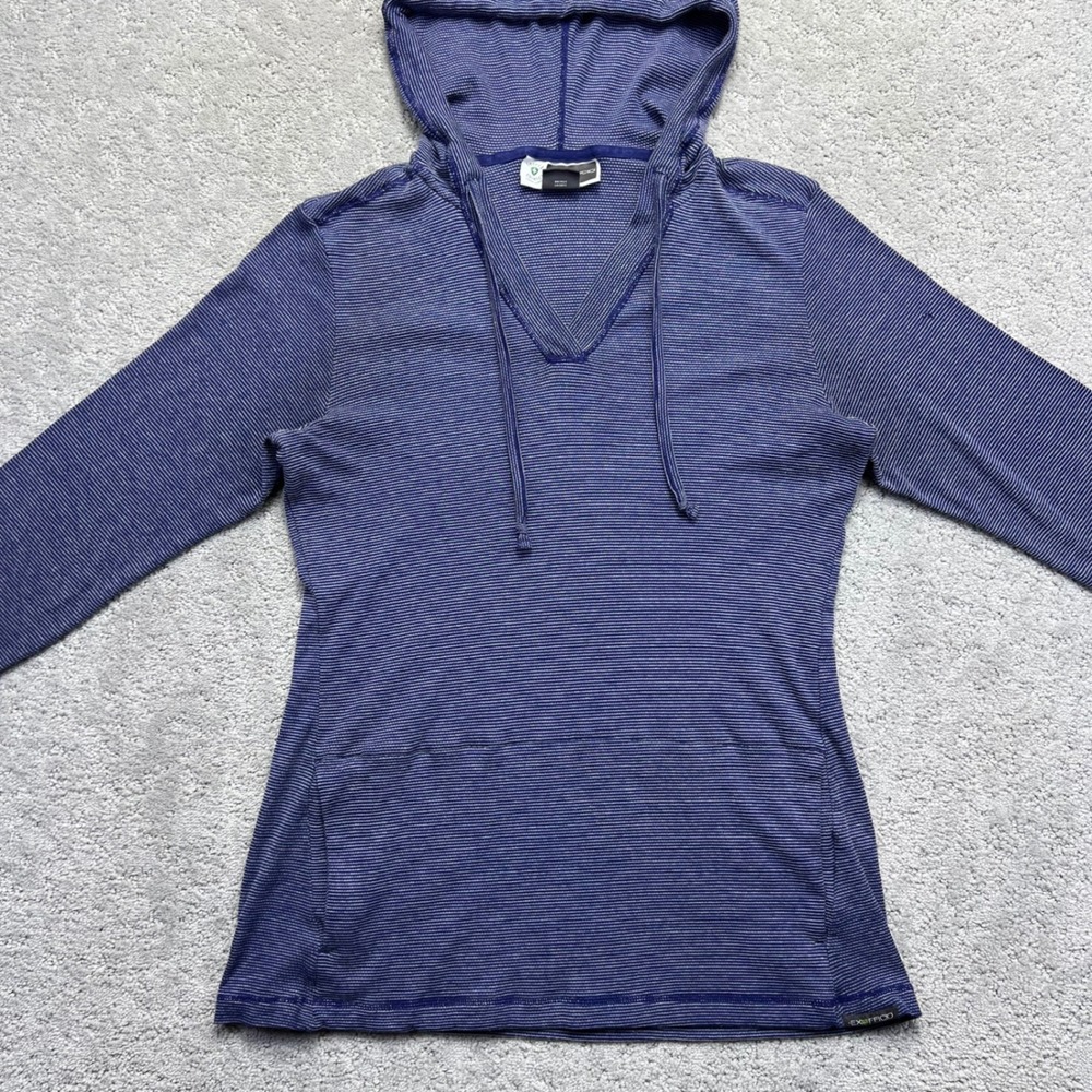 ExOfficio Pullover Shirt Womens Medium Blue Striped Hooded Insect Shield Outdoor - Picture 2 of 14
